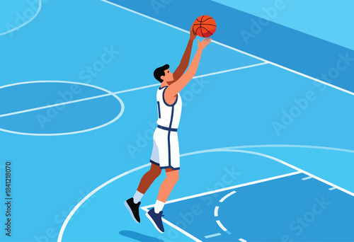 Vector illustration of a basketball player in mid-air, shooting the ball on a blue court with lines
