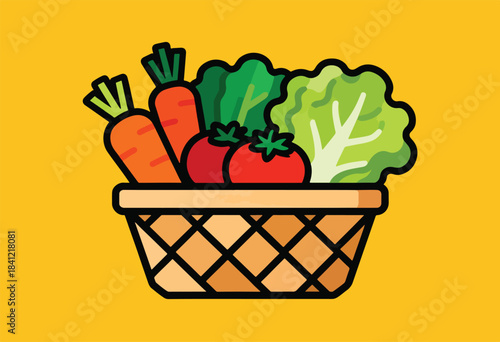 A graphic illustration of assorted vegetables overflowing a woven basket on a yellow backdrop
