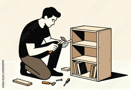 A person kneels, assembling a wooden bookshelf with a hammer. Tools and books are in the scene