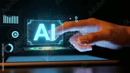 A hand is interacting with a futuristic digital interface displaying 