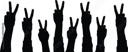 Silhouette hands showing peace signs raised in unity, group protest gesture, victory symbol illustration, freedom expression and supportive crowd artwork