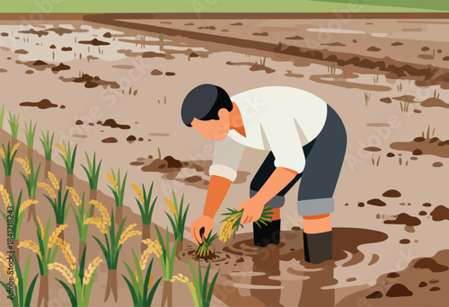 An illustration depicting a farmer planting crops in a flooded field. The scene captures rural work