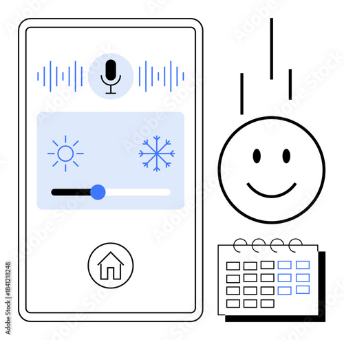 Smart home interface. Features include voice assistant for commands, temperature control, and calendar scheduling. Smart home technology supports automation, convenience, and innovation. For apps