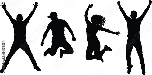 Silhouette group of jumping people showing energy, freedom, celebration, active lifestyle, teamwork, motivation, happiness, dynamic movement in black isolated figures