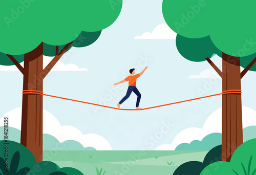 An illustrated person carefully walks on a tightrope stretched between trees in a serene landscape