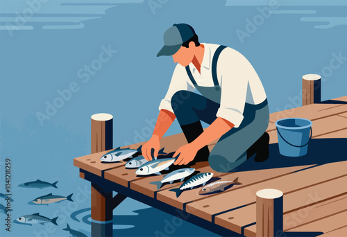 A person on a wooden dock kneels, sorting fish. More fish swim in water. A bucket sits beside them