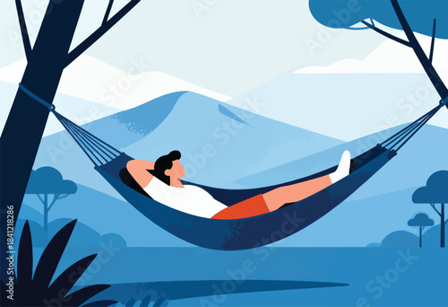 A person reclines in a hammock amidst a stylized landscape of blues, trees, and layered mountains