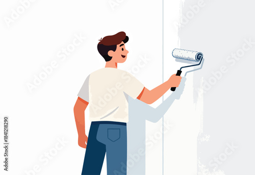 A cartoon man with brown hair paints a white wall using a paint roller, casting a large shadow