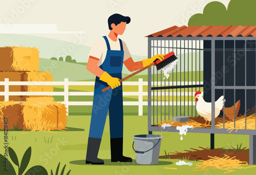 A farmer cleans a chicken coop, brush in hand, with chickens inside. Hay bales and a fence in the background