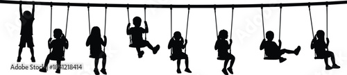 Silhouette of children sitting on swings in playground line, playful kids enjoying outdoor activity, childhood fun scene for creative design projects