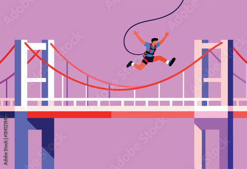 A minimalist illustration features a person bungee jumping from a stylized bridge. The design uses bold lines and shapes