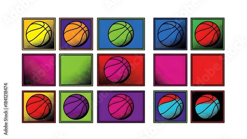 Pop art style grid of fifteen squares featuring colorful basketballs and solid color blocks.