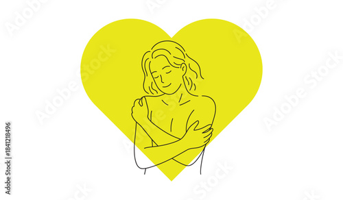 Woman hugging herself with eyes closed inside a yellow heart self love and care concept minimalist line art illustration on white 