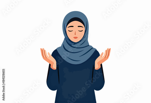 A stylized illustration of a woman in a hijab, eyes closed, hands raised, set against a white background