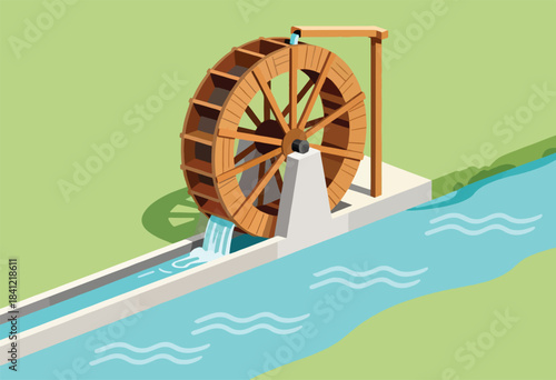 An illustrated depiction of a watermill with a wooden wheel, canal, and river, against a green background