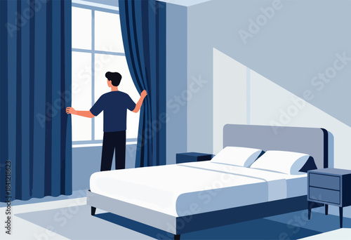 A person in a blue-toned bedroom looks out the window, drawing back the curtains, revealing the outside light