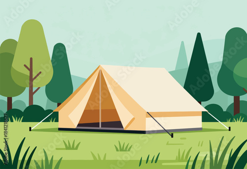 Illustration of a campsite featuring a tent set against a background of trees. Flat design with minimalist shapes