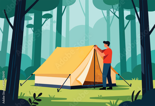 A man in a red shirt is setting up a yellow tent in a stylized forest scene. The trees are a mix of greens