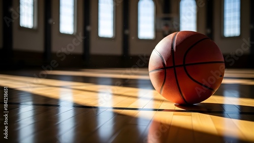 A basketball sits on a polished wooden court, illuminated by sunlight streaming through tall windows, casting long shadows.