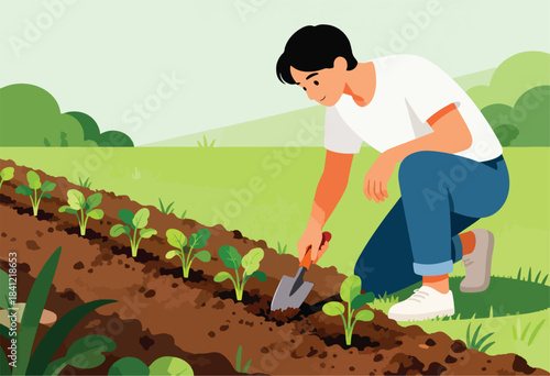 A person with a trowel plants seedlings in soil, in a stylized illustration of a garden scene