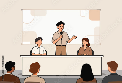 Illustration of a presentation with a speaker, two seated figures, and an audience in a conference setting