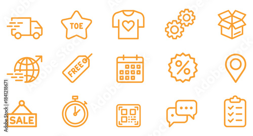 Set of e-commerce and shopping icons orange outline symbols for delivery sales and services isolated on white background