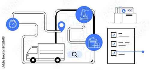 Logistics concept. Logistics with truck delivery, route tracking, and supply chain management. Logistics improving efficiency in operations, inventory control, and shipping. For supply chain