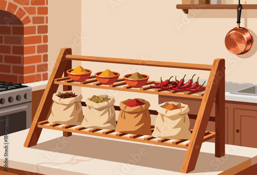 A kitchen interior features a spice rack with bags, bowls, and chili peppers. A stove, brick, and copper pot are seen