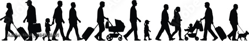 Silhouette of traveling people walking with luggage, children, strollers, and pets, representing journey, tourism, airport crowds and family travel concepts