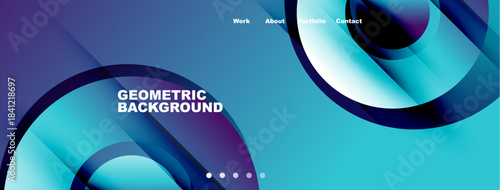 Abstract geometric background. Blue, purple hues dominate design. Navigation menu present, text reads Work, About, etc.