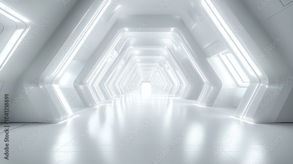 Fototapeta premium Minimalist futuristic white corridor with glowing walls and bright light, symbolizing innovation, high technology, architectural precision, and the infinite path of modern scientific progress.