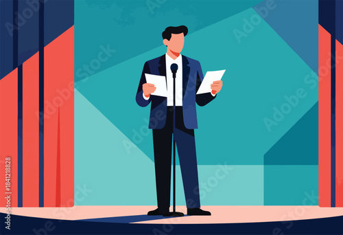 A man in a suit speaks on a stage, holding papers near a microphone.  Geometric background