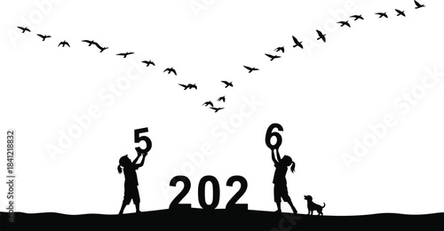 Silhouette scene of children holding numbers with flying birds forming heart shape, representing new year 2026 celebration, hope, nature and happiness