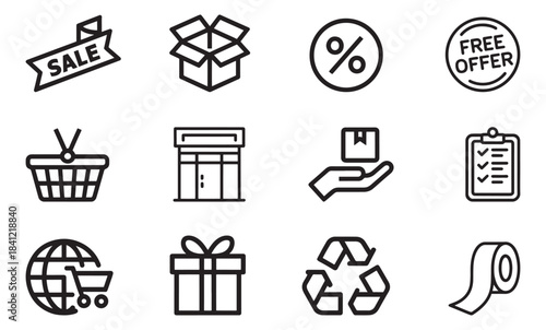 Set of shopping and retail icons including sale gift and delivery symbols for e-commerce and business concepts isolated on white