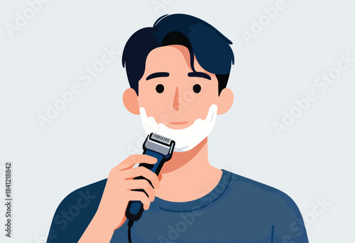 A stylized illustration depicting a man shaving his face with an electric razor
