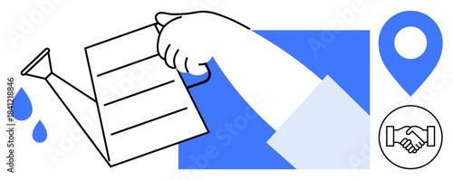 Growth concept. Hand pouring water from a watering can growth and prosperity. Icons include a location pin and handshake. For business, success, teamwork, goals, development