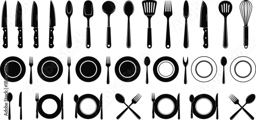 Silhouette set of kitchen utensils knives cutlery spoons forks plates whisk spatula tableware icons for cooking dining restaurant and culinary designs
