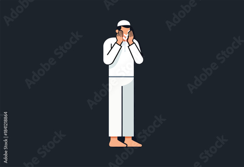 Illustration of a person in white attire, hands raised, appearing to wash their face, on a dark background