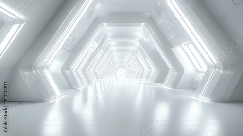 Minimalist futuristic white corridor with glowing walls and bright light, symbolizing innovation, high technology, architectural precision, and the infinite path of modern scientific progress.