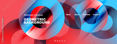 Abstract geometric background design. Vibrant colors, flowing shapes, website header elements present. Modern aesthetic, clean layout.