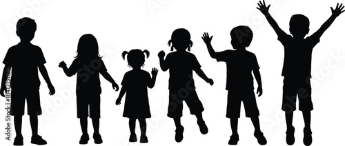 Silhouettes of children standing and waving in different poses, playful kids group illustration for education childcare family activity design projects