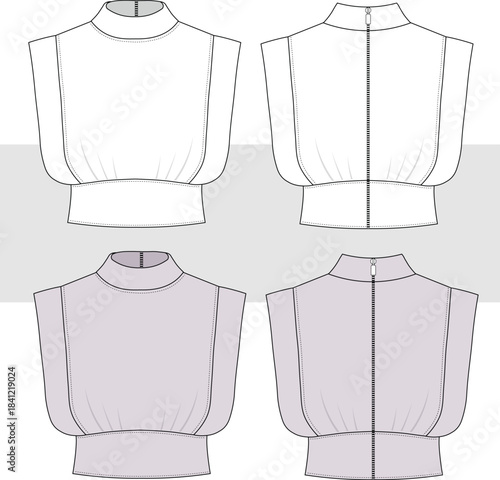 Sleeveless cropped  t shirt set back zipper detail and shoulder pads. Fashion Technical Drawing, illustration. Flat sketches, CAD, Mockup Set.