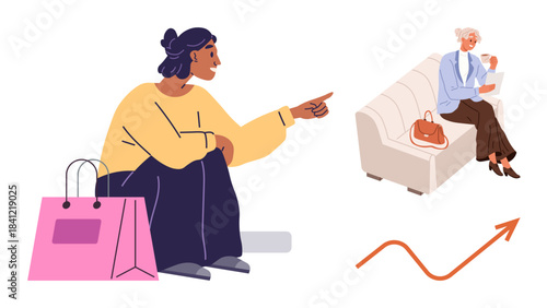 Young woman pointing while seated beside shopping bags, elderly lady sitting on a couch holding paper. Ideal for retail, trends, consultation, communication, generation gap, shopping, growth simple