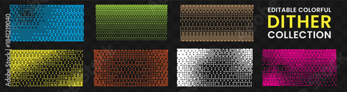 Colorful dither pixel overlays on transparent backgrounds, editable halftone dot pattern texture set vector and transparent PNG