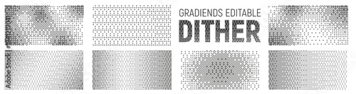 Dither pixel dotted overlay set, editable grayscale halftone gradient texture background vector and transparent PNG