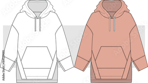 Unisex Hooded fashion technical drawing, illustration. Oversize hoodie vector. Front view, CAD, Mockup.