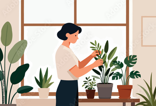 A person prunes a houseplant, surrounded by potted greenery and a window view. The style is flat, with simple shapes