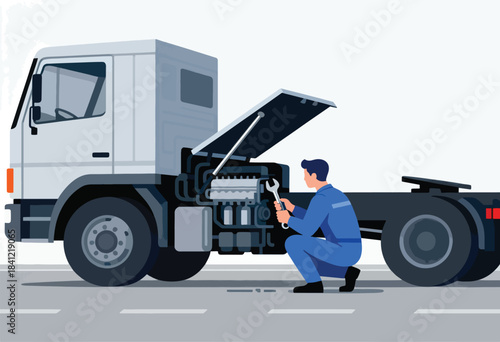 A mechanic in blue overalls kneels, fixing a truck's engine with a wrench. The hood is open