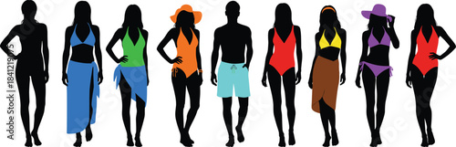 Silhouettes of men and women in colorful beach swimwear standing in a row, summer vacation fashion illustration for travel design projects
