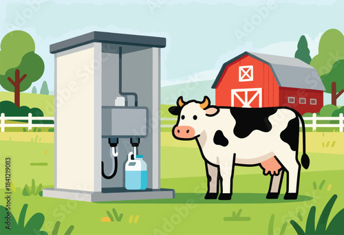 Illustration of a cow next to a milk collection system in a field with a red barn in the background